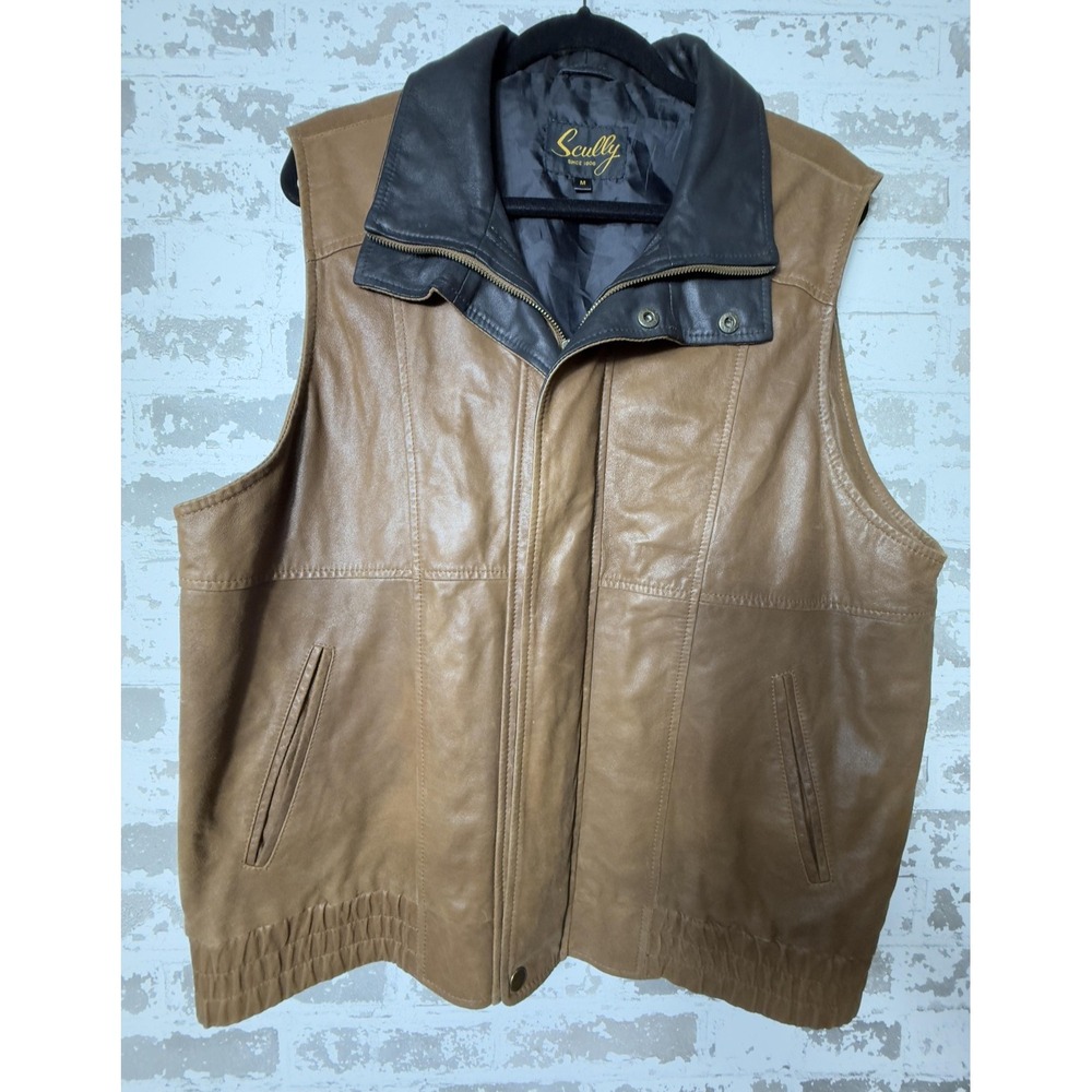 Scully Leather Vest Mens Medium Brown Contrast Black Collar Pockets Western